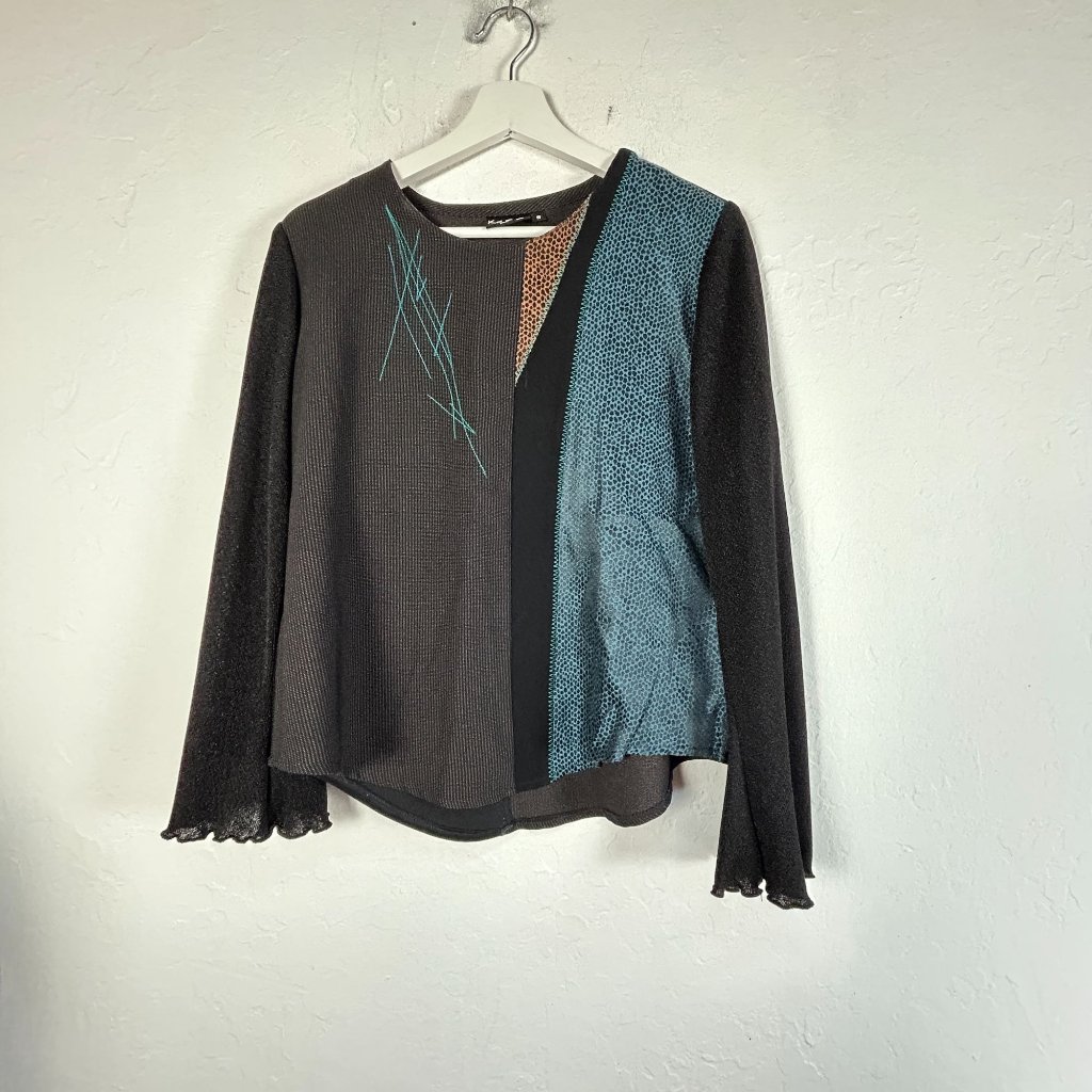 Kd. Spring Womens Long Sleeve Patchwork Top Small Black Blue Round Neck Casual